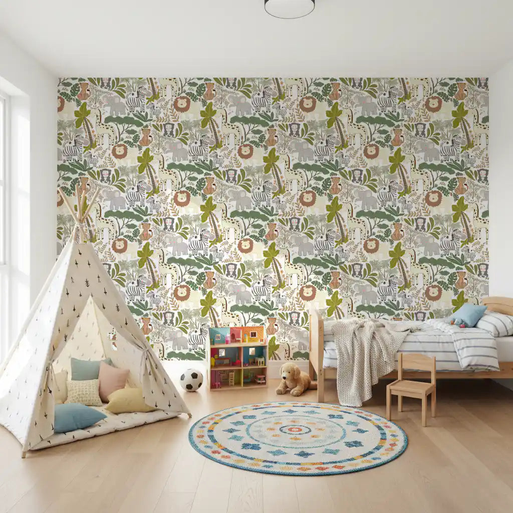 Safari kids wallpaper featuring elephants, monkeys, and botanical shapes