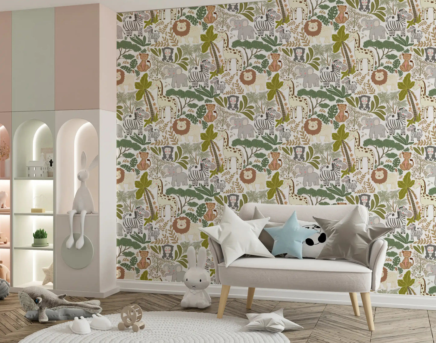 Nursery wallpaper showing giraffe, lion, elephant, and leafy jungle art