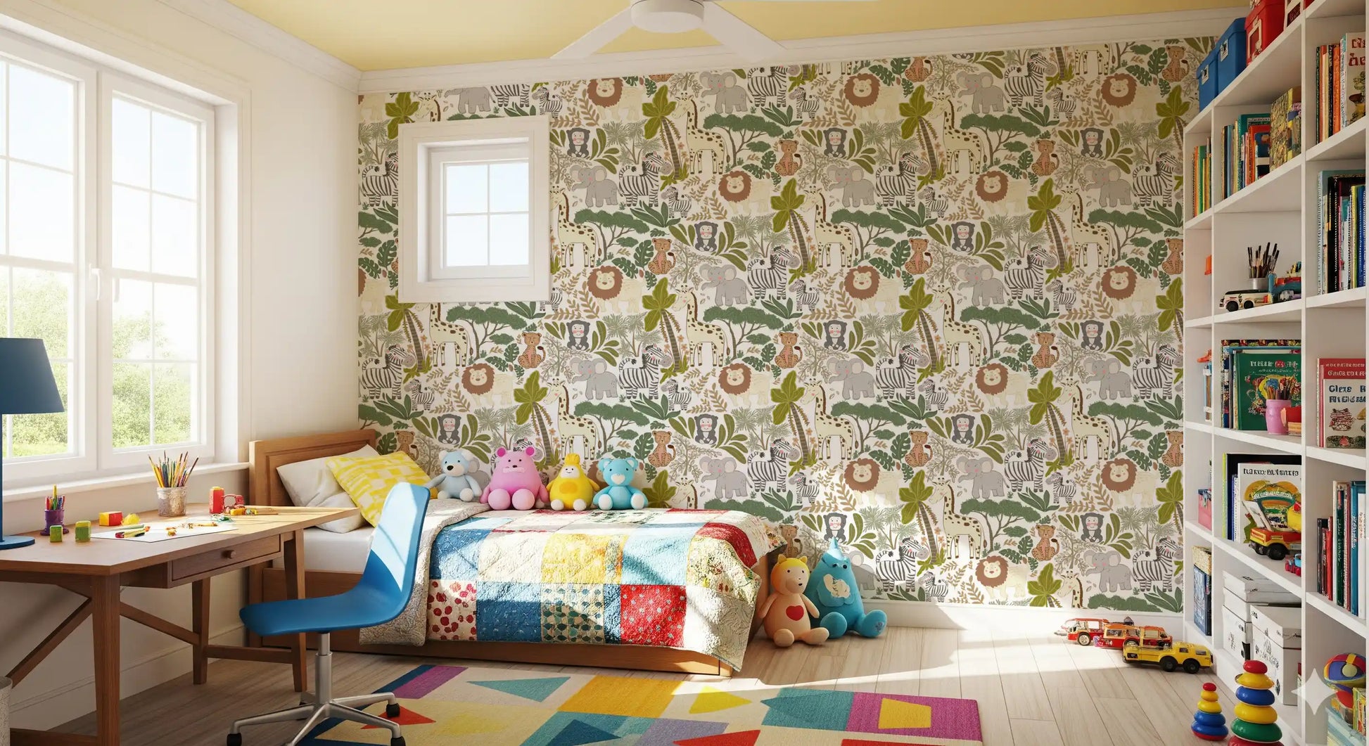Jungle nursery wallpaper with giraffe spots, zebra stripes, and leaves