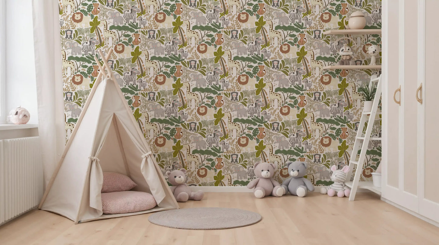 Reading corner using safari animal wallpaper with green leafy accents