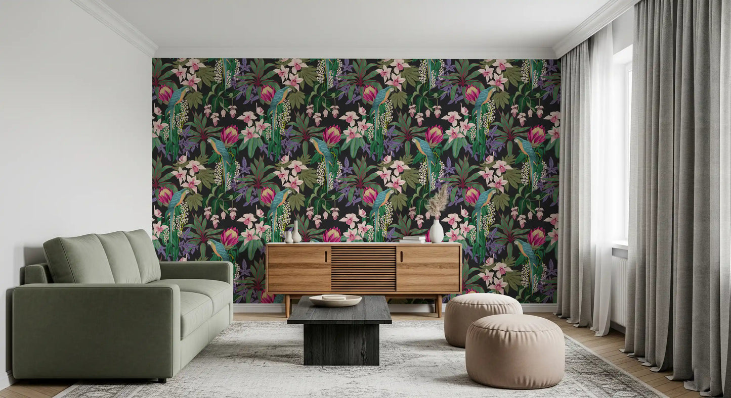 Orchid Bloom Wallpaper with jungle foliage and colourful bird motifs