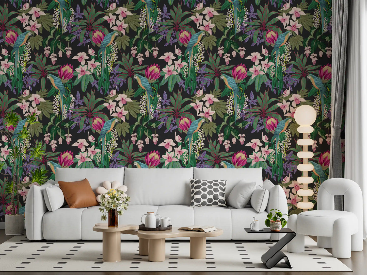 Macaw Orchid Wallpaper with layered leaves and exotic bloom artwork