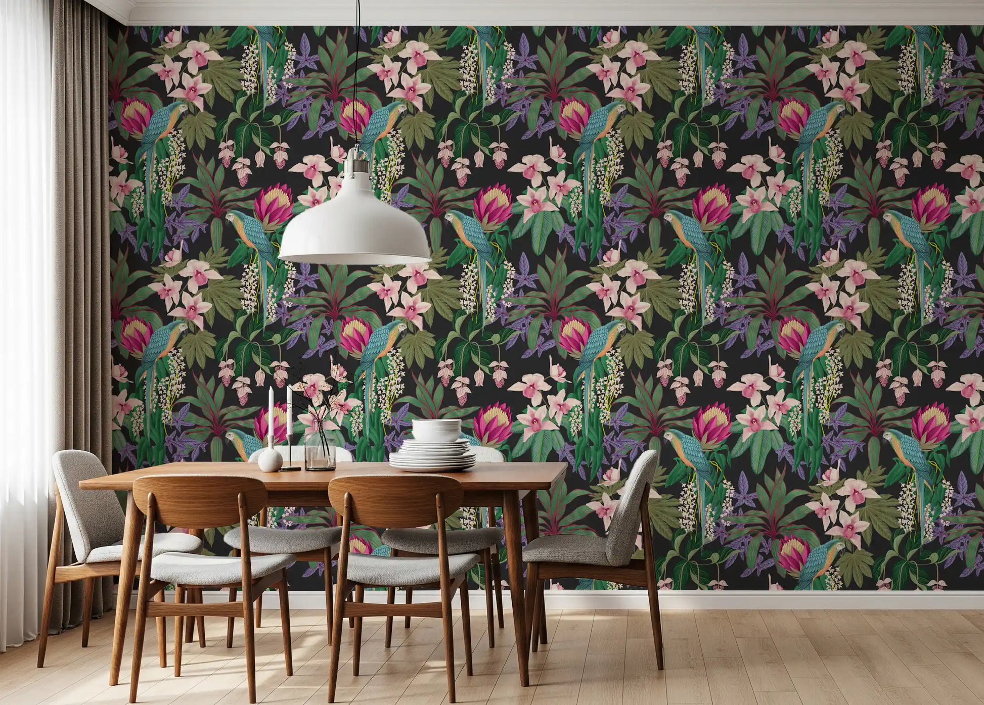Dining area with Tropical Macaw Wallpaper and pink floral accents