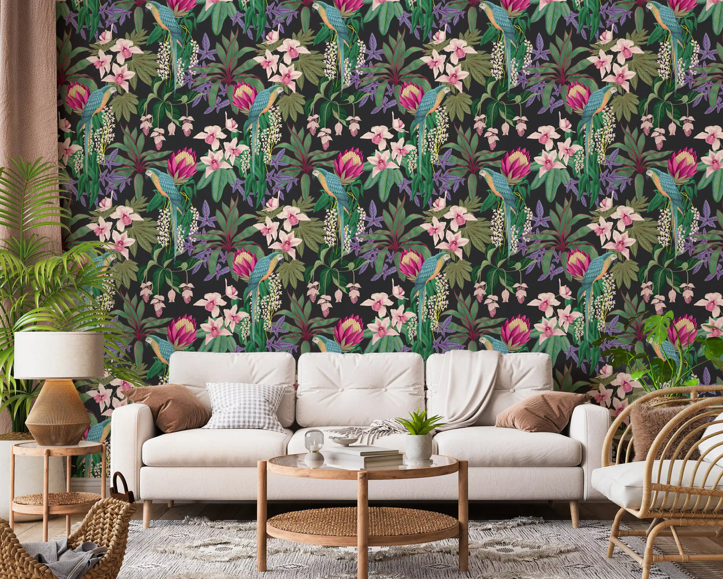 Hallway wall in Macaw Orchid wallpaper with dark tropical leaves