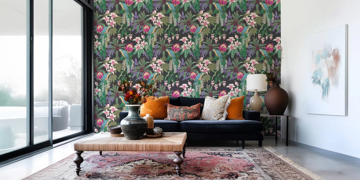 Dark tropical wallpaper with macaw birds and orchid flowers