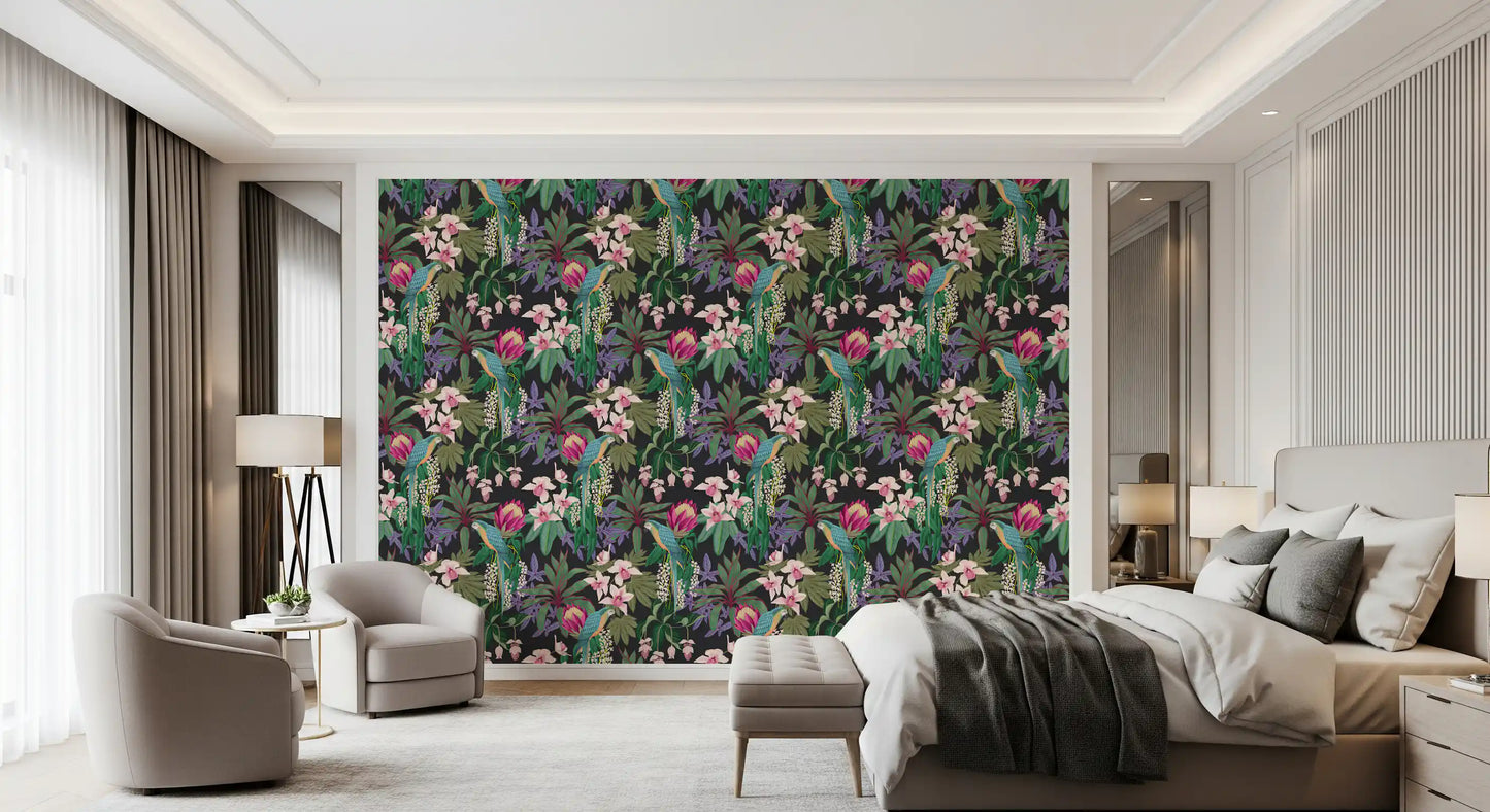 Tropical Bloom Wallpaper showing blue parrots and botanical detail