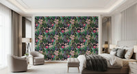 Tropical Bloom Wallpaper showing blue parrots and botanical detail