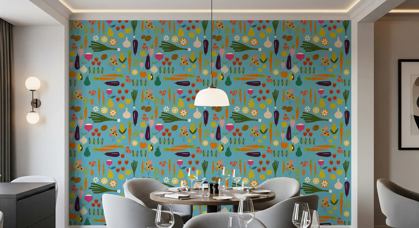 Cafe space using mid century kitchen wallpaper with produce artwork