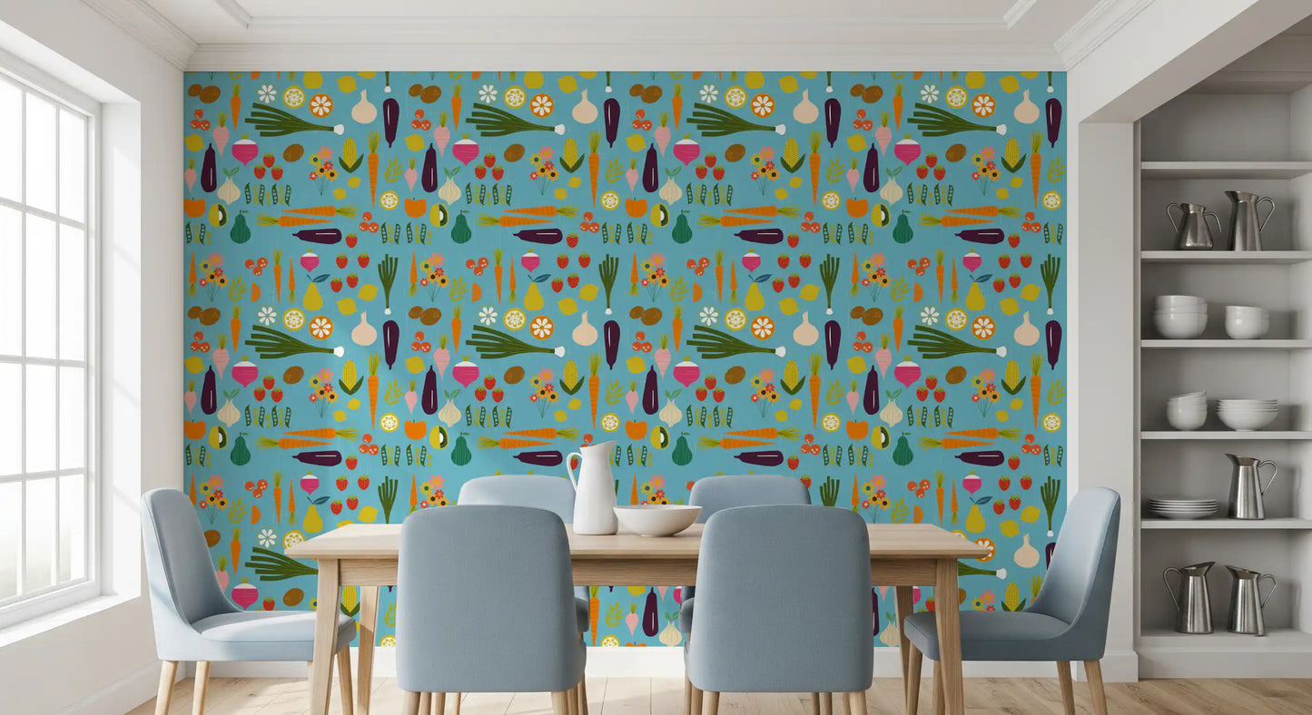 Dining wall styled in Blue Veggie Wallpaper with lively crop motifs
