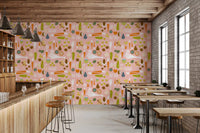 Cafe area with Veggie Wallpaper on a soft pink textured ground