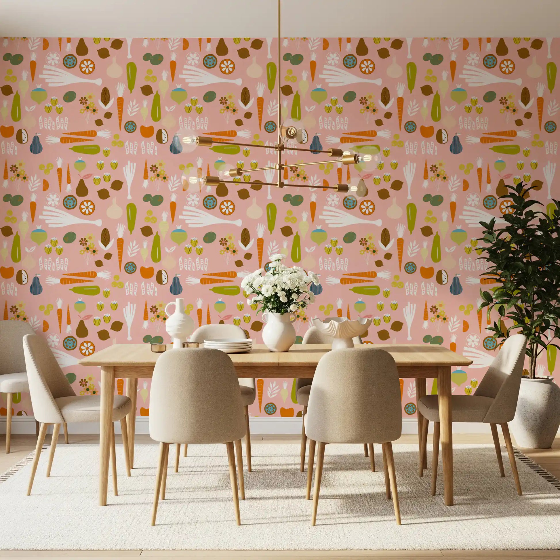 Modern Kitchen wallcovering with illustrated produce on a blush backdrop
