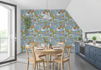 Produce Art Wallpaper with root vegetables on a dusty blue background