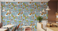 Cafe area with Retro Blue Veggie Wallpaper and garden-market details
