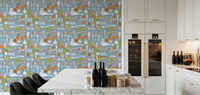 Kitchen wall with Dusty Blue Kitchen Wallpaper and playful produce art