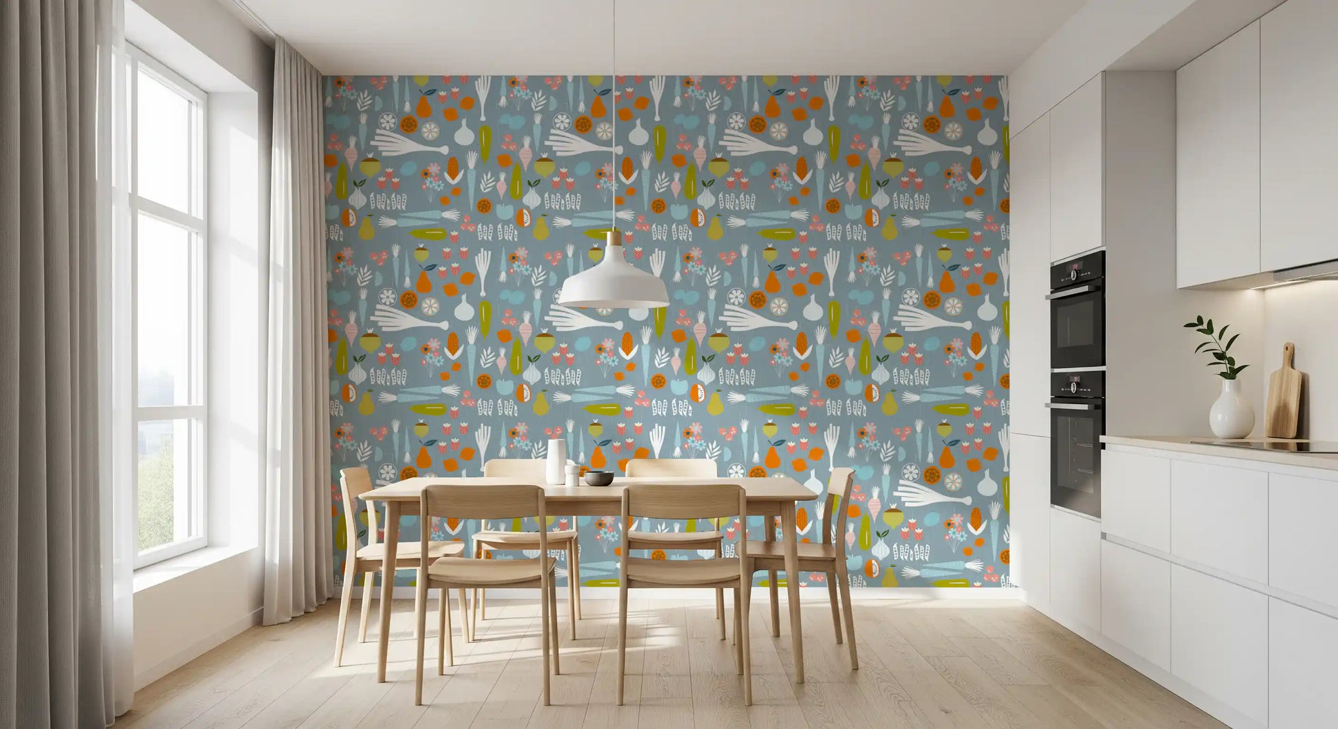Kitchen Crop Wallpaper with citrus slices, berries, and leafy artwork