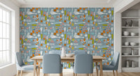Dining  space using Blue Produce Wallpaper with carrots and citrus pieces