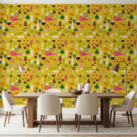 Mustard wallpaper with onions, peas, berries, and root vegetables