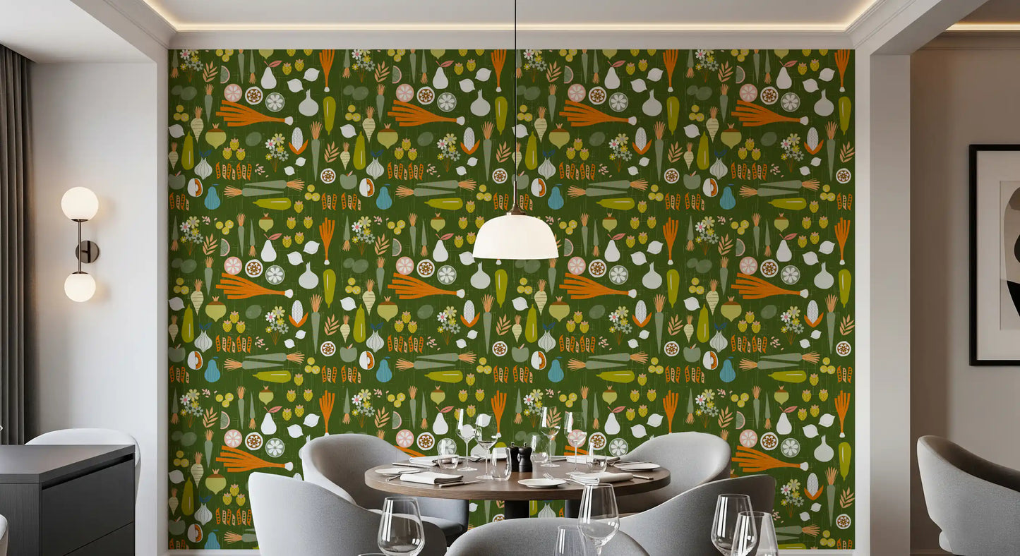 Breakfast corner with vintage food wallpaper and citrus slice motifs