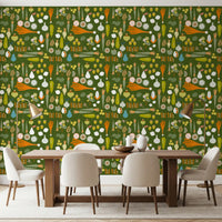 Dining area in retro kitchen wallpaper with carrots, pears, and onions