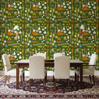 Retro vegetable wallpaper featuring pears, onions, herbs, and flowers