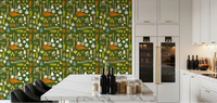 Kitchen wall with olive green vegetable wallpaper and retro produce pattern