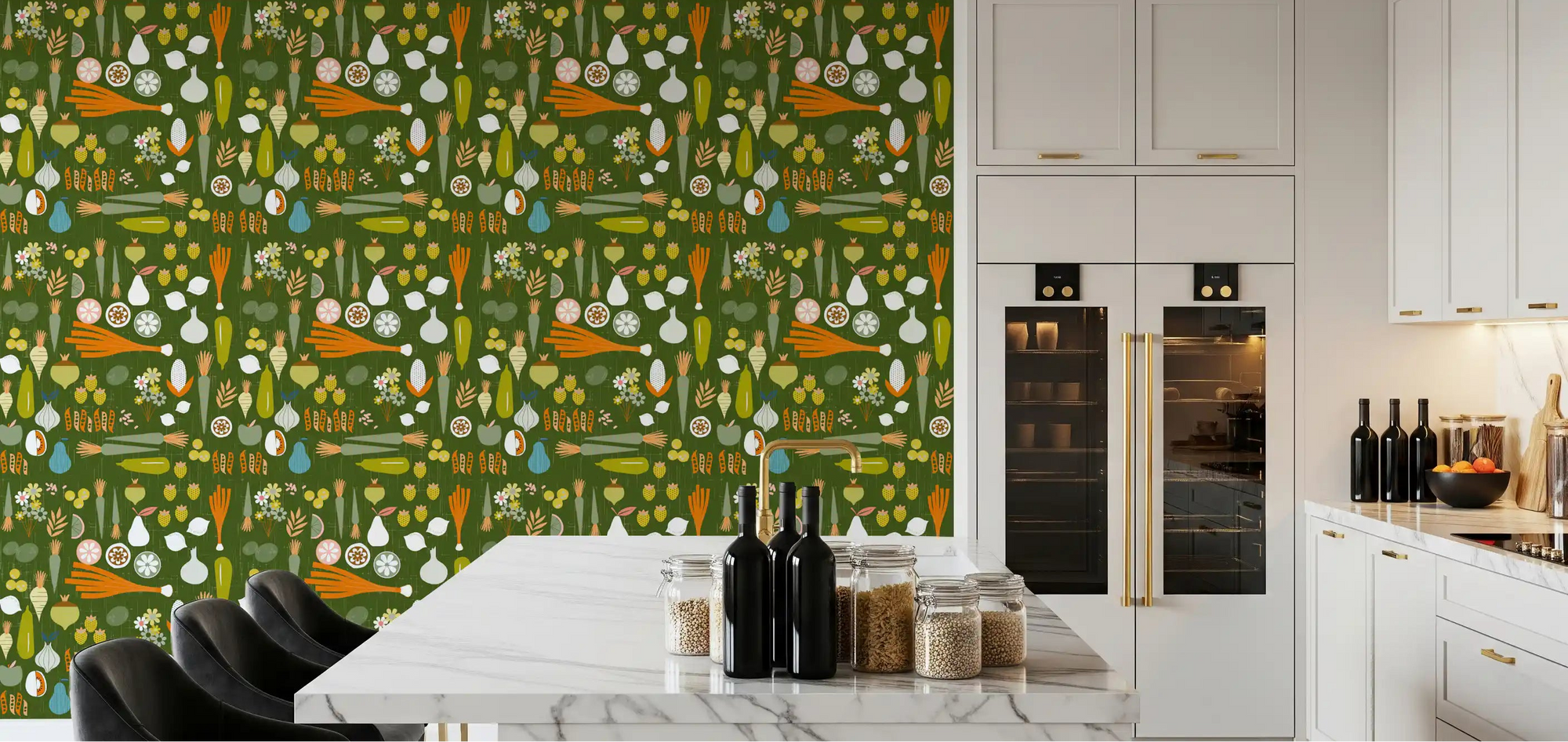Kitchen wall with olive green vegetable wallpaper and retro produce pattern