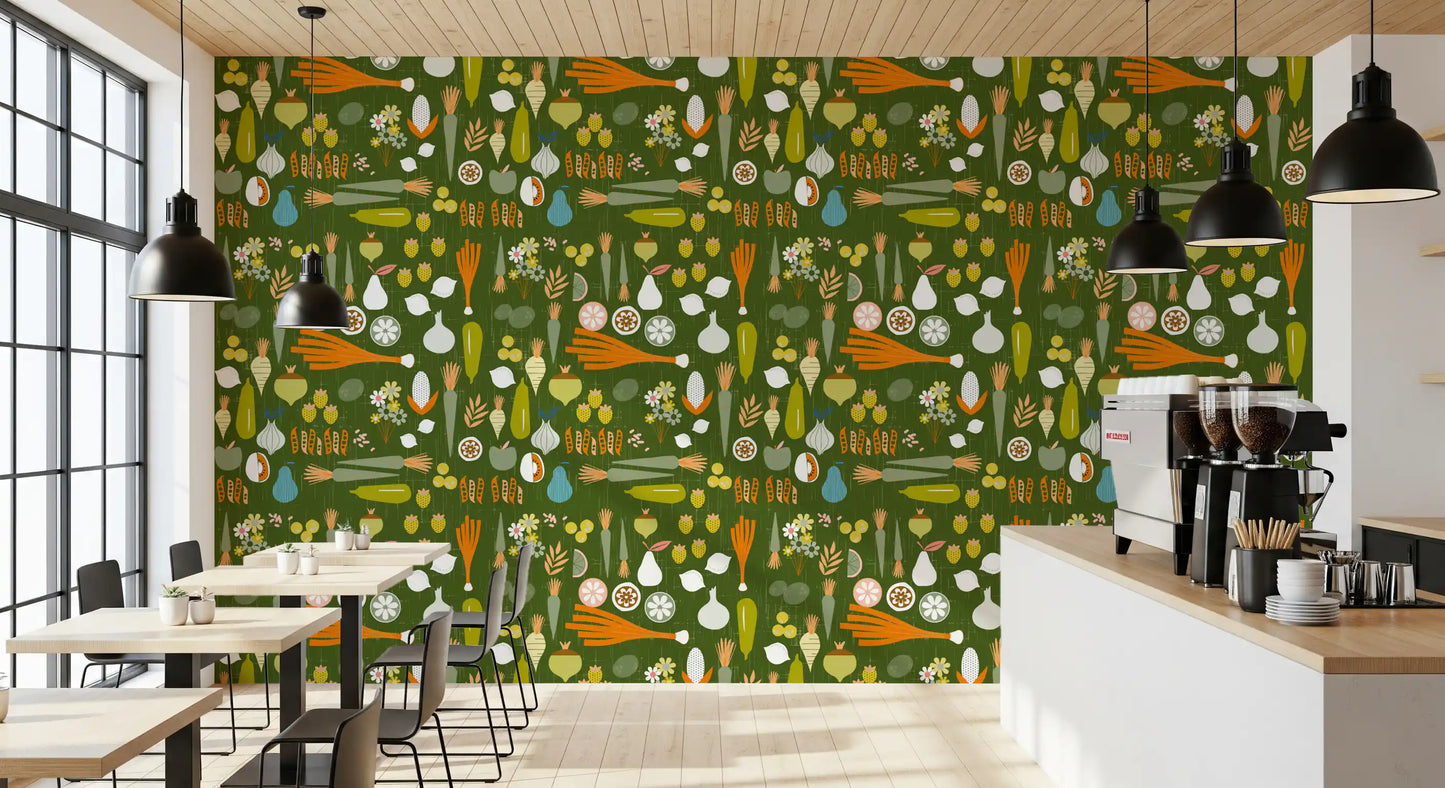 Café-style wall using green produce wallpaper with playful kitchen art