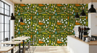 Café-style wall using green produce wallpaper with playful kitchen art