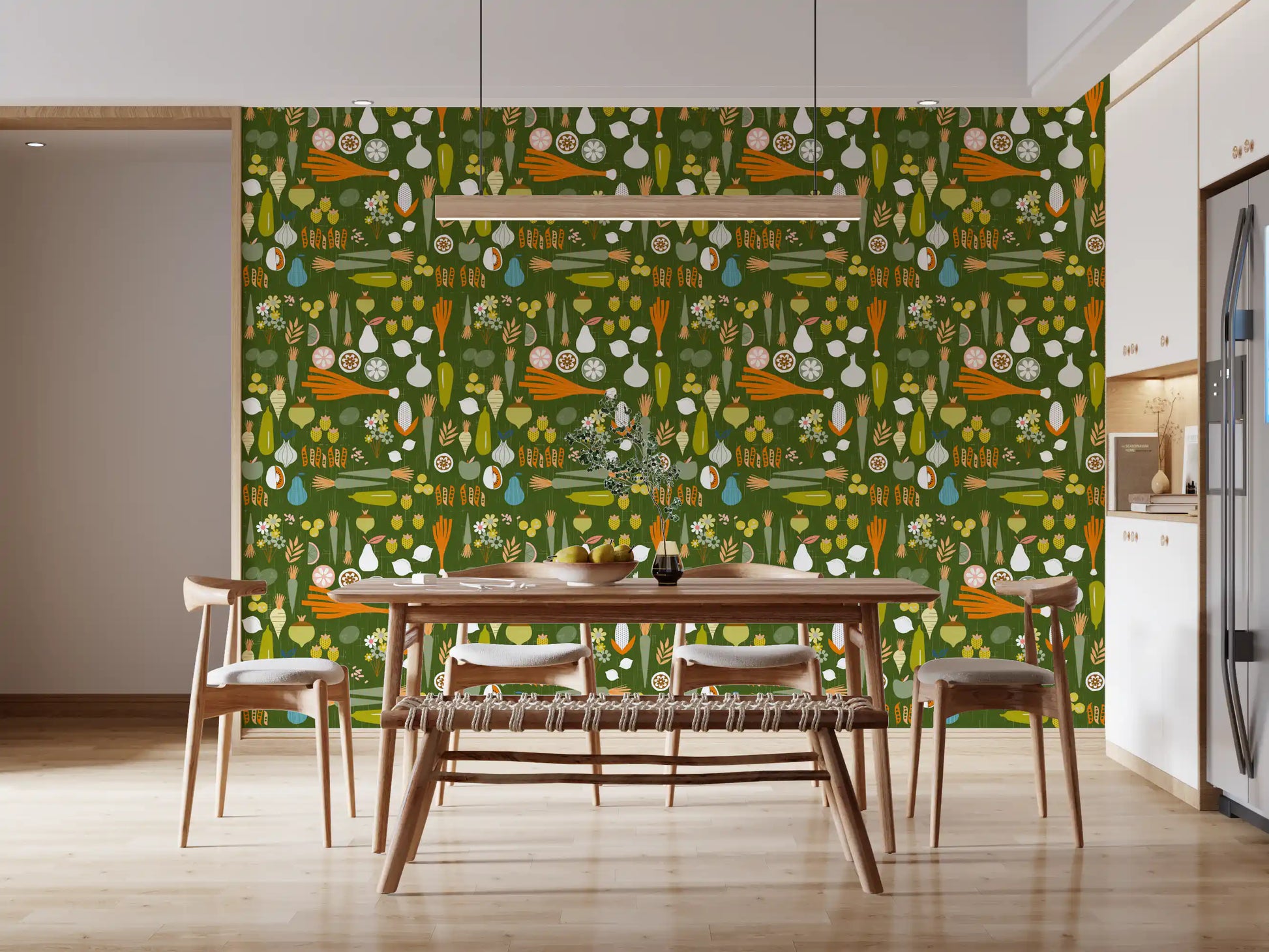 Food print wallpaper with citrus rounds, garlic bulbs, and carrot bunches