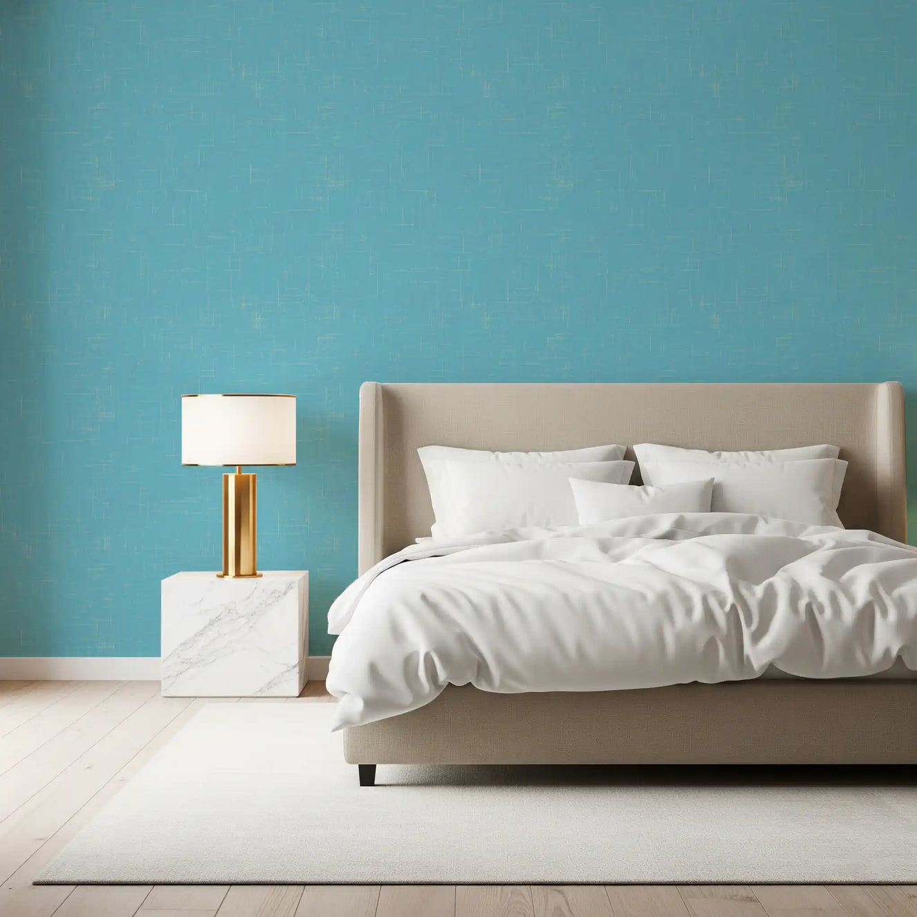 Bedroom finished with linen texture wallpaper in a cool blue tone