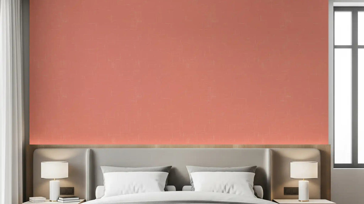 Coral linen texture wallpaper on a Bedroom feature wall