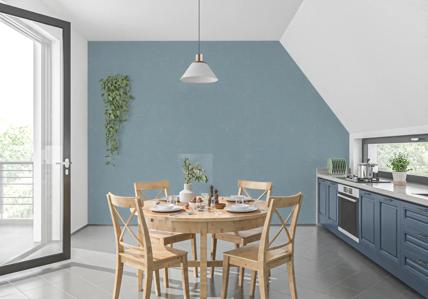 Dusty Blue Linen Texture Wallpaper Mid Century Modern Wallpaper⁠