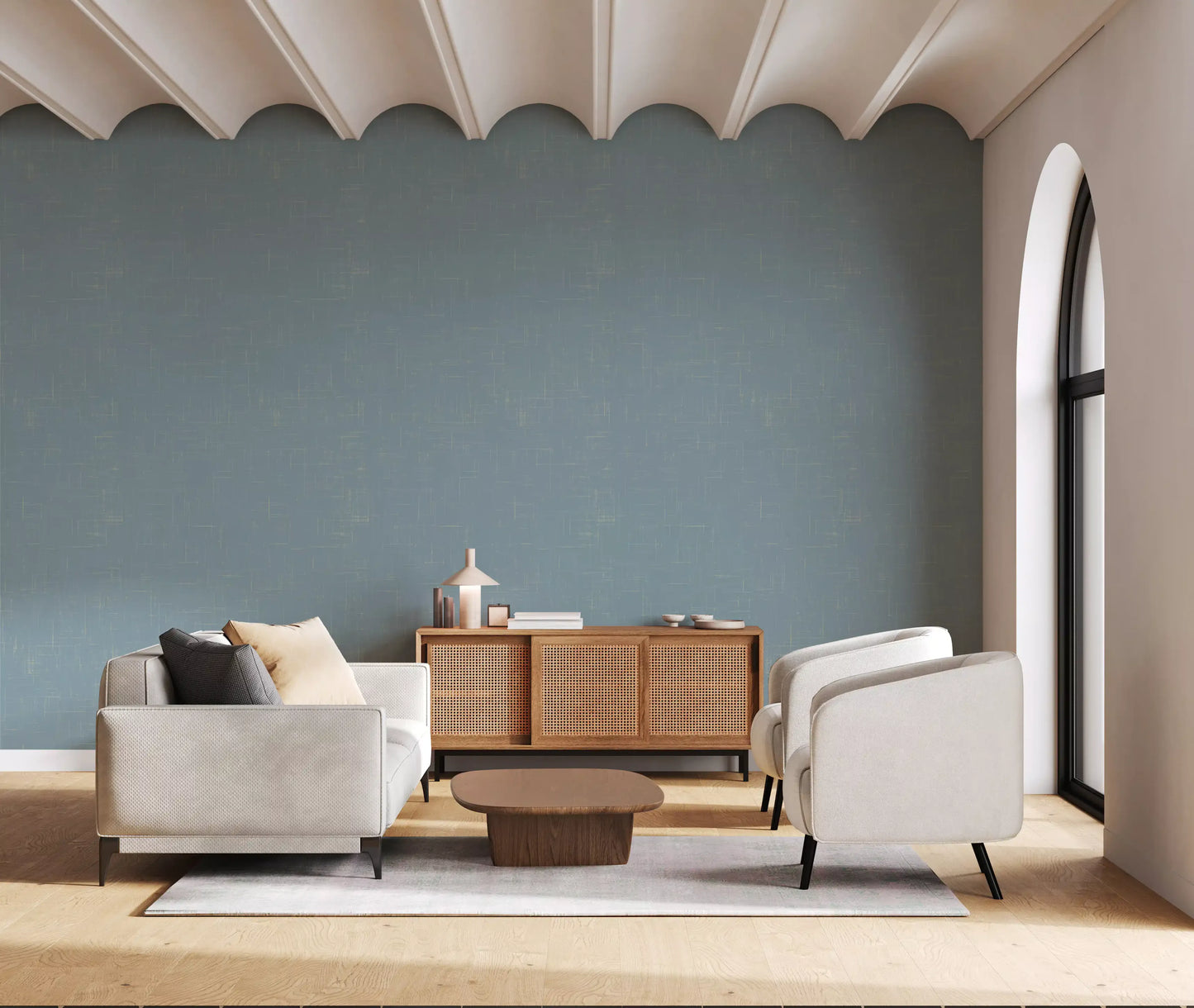Dusty Blue Linen Texture Wallpaper Mid Century Modern Wallpaper⁠