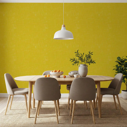Dining room with Mustard Linen Texture wallpaper and mid century wall detail
