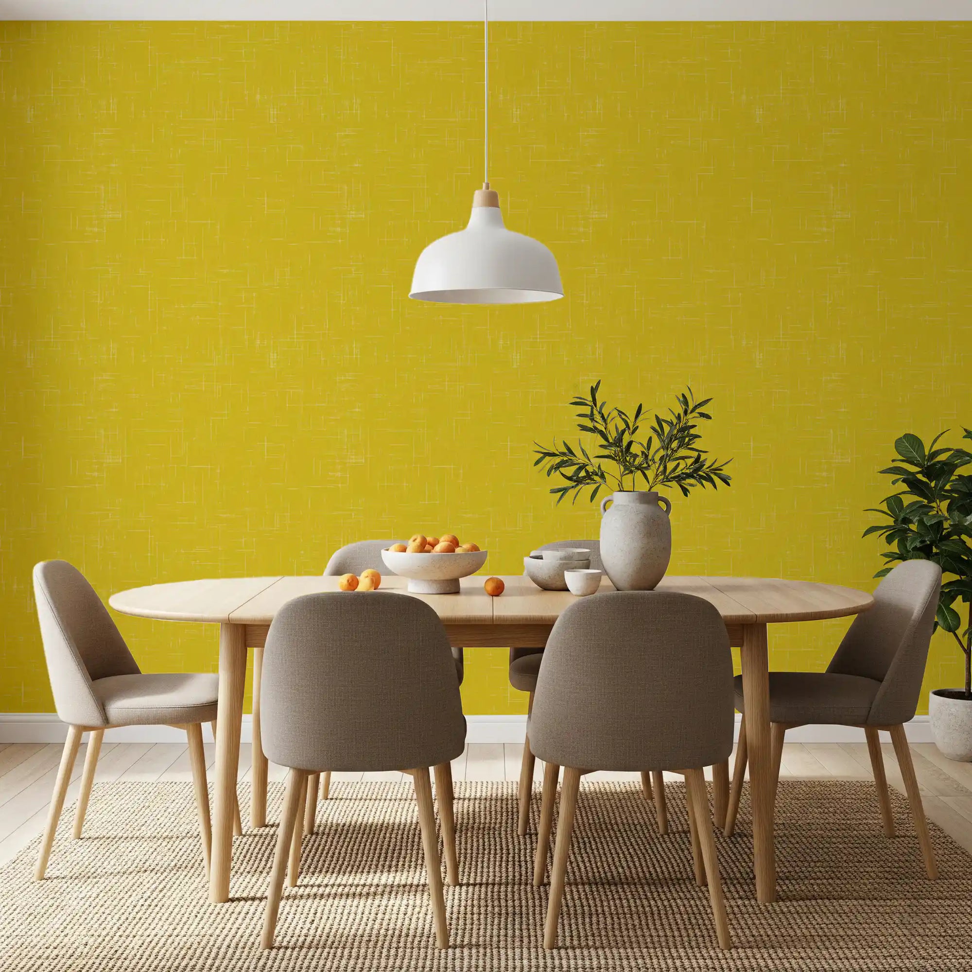 Dining room with Mustard Linen Texture wallpaper and mid century wall detail