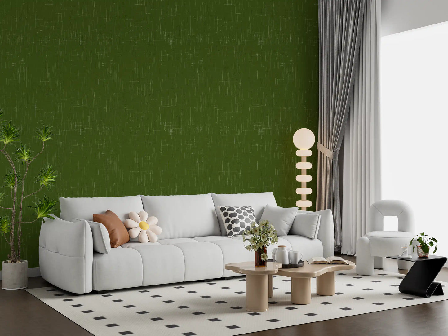 Olive Green Linen Texture Wallpaper Mid Century Modern Wallpaper⁠