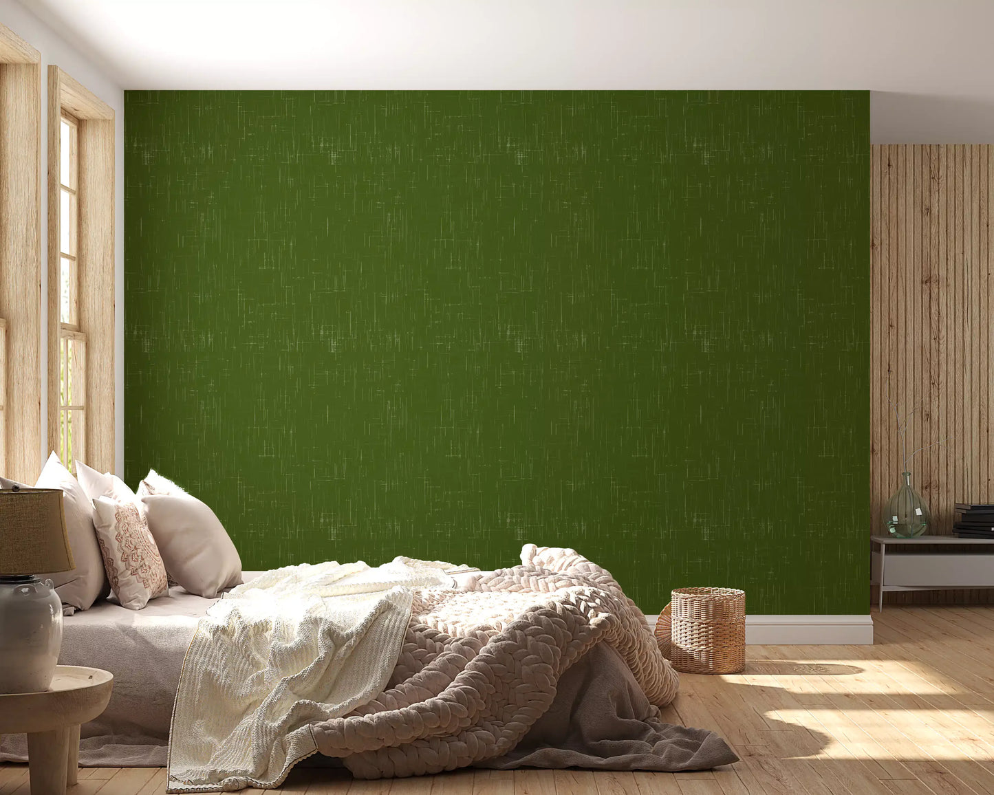 Olive Green Linen Texture Wallpaper Mid Century Modern Wallpaper⁠