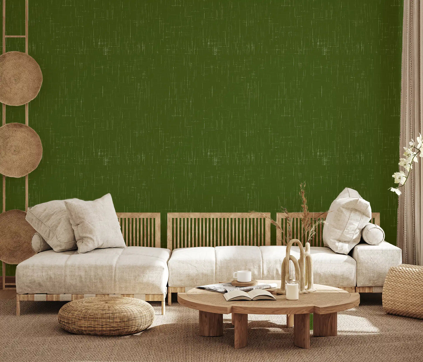 Olive Green Linen Texture Wallpaper Mid Century Modern Wallpaper⁠