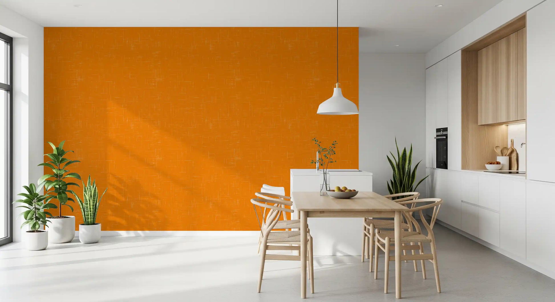 Burnt orange wallcovering with fine grain and understated line detail
