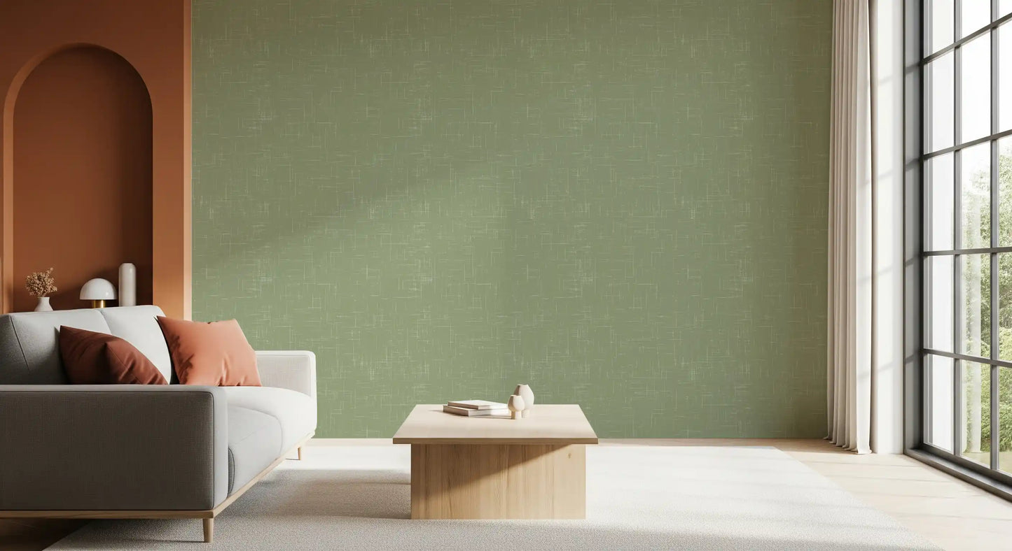 Hallway styled in Green Linen Wallpaper with fine modern linework