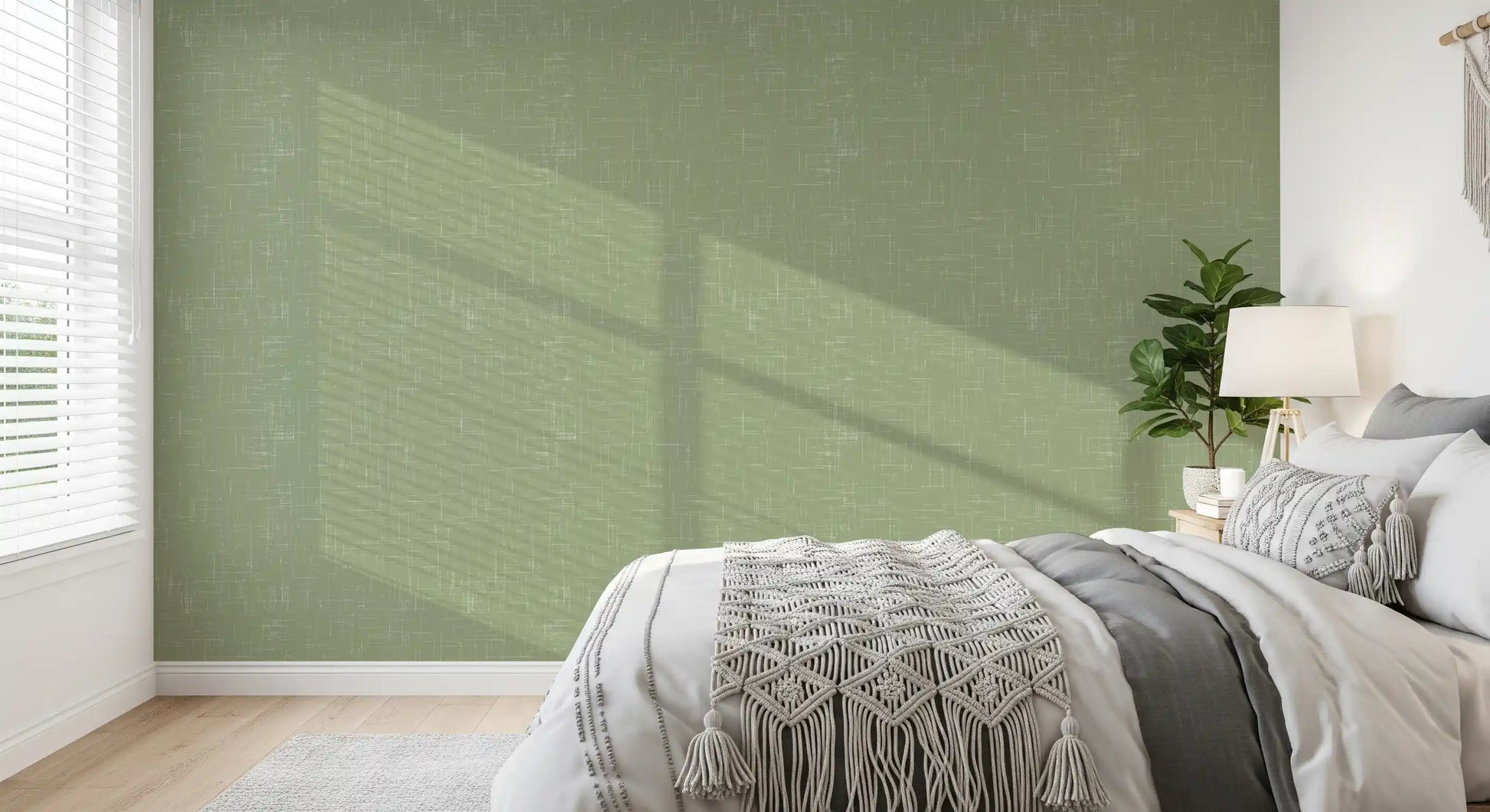 Bedroom featuring Sage Texture Wallpaper with a calm woven surface