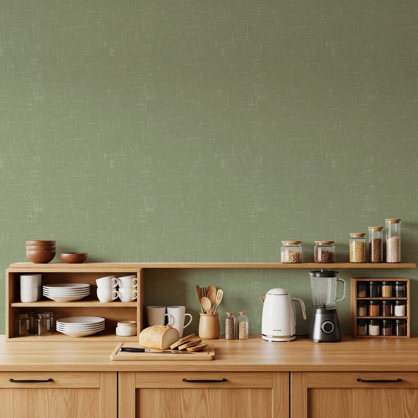 Kitchen room using Sage Modern Wallpaper and light fabric-style marks