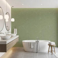 bathroom area with Linen Texture Wallpaper in a muted green finish