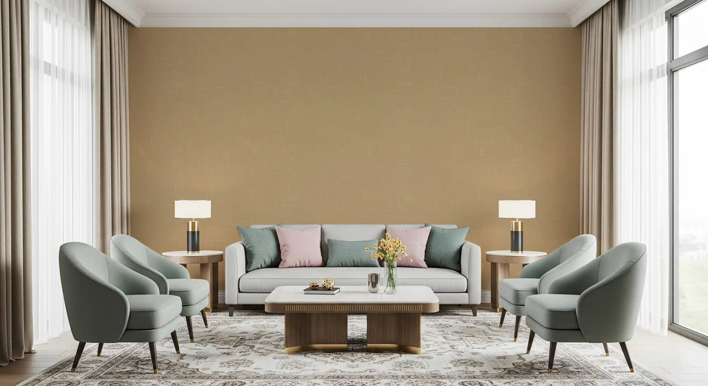 Living room with taupe modern wallpaper and a soft linen texture finish