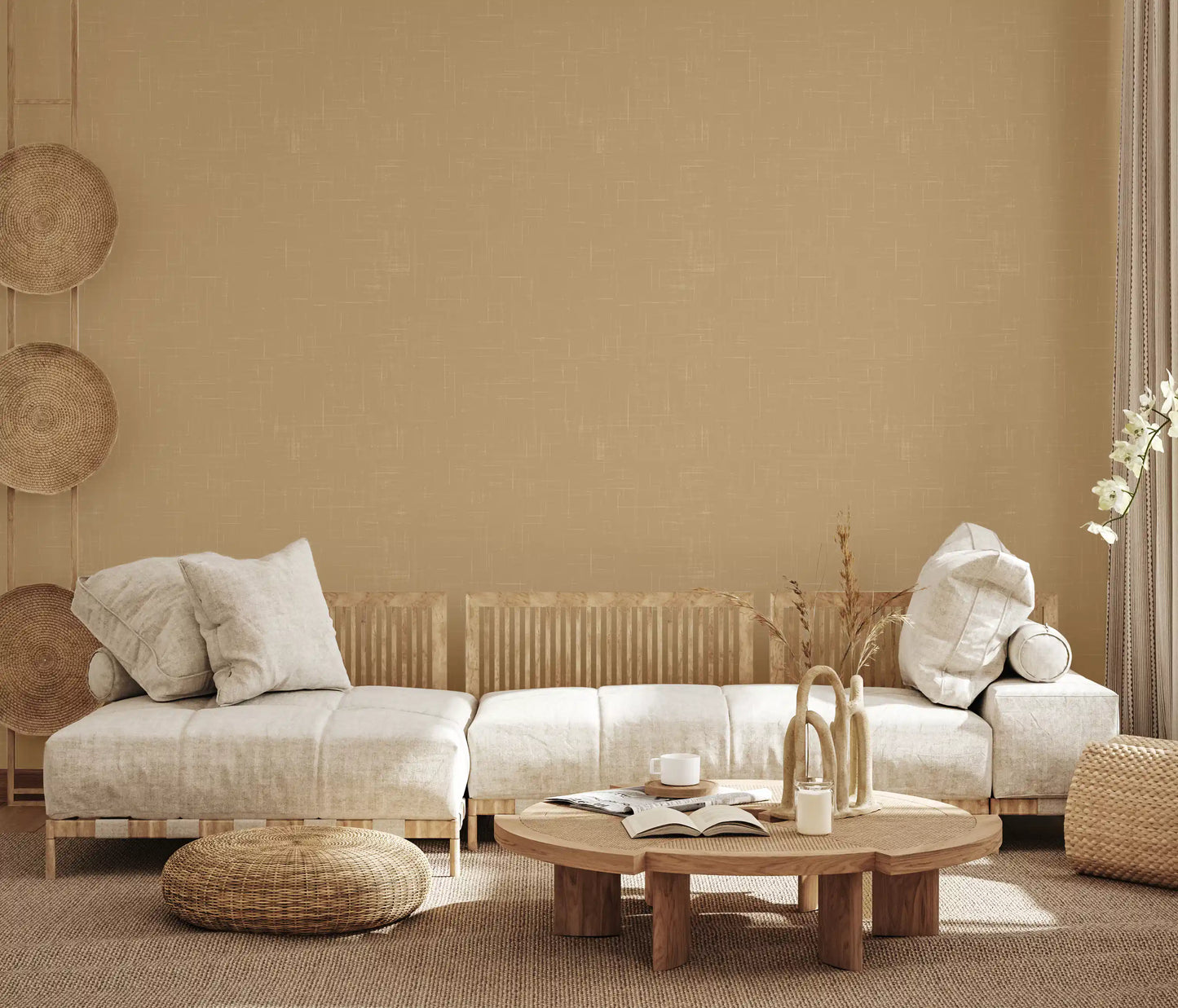 Modern taupe wallpaper showing fine texture and a neat woven effect