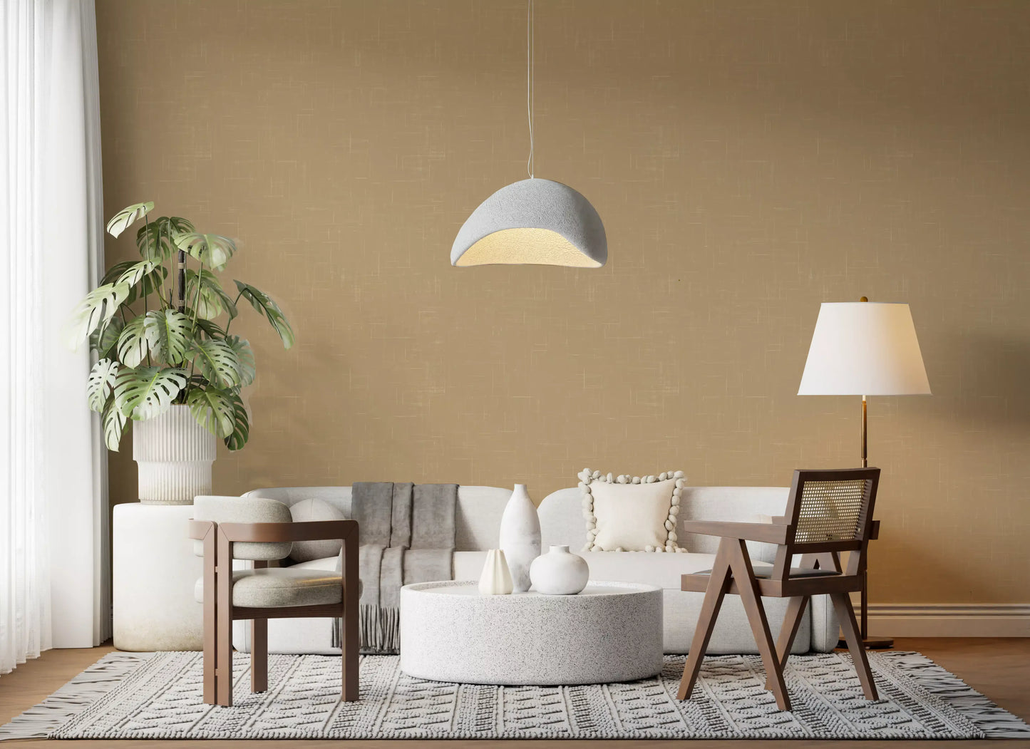 Taupe linen wallpaper with layered texture and a relaxed modern feel
