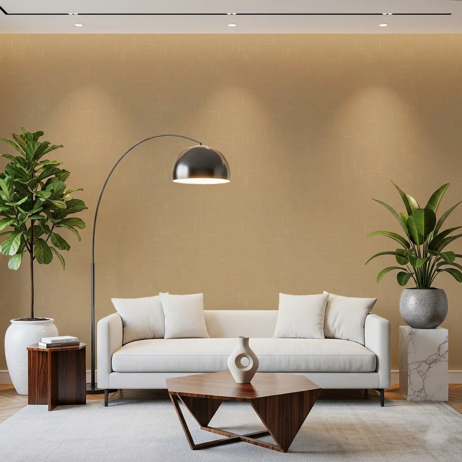 Hallway styled in linen look wallpaper with warm taupe linework