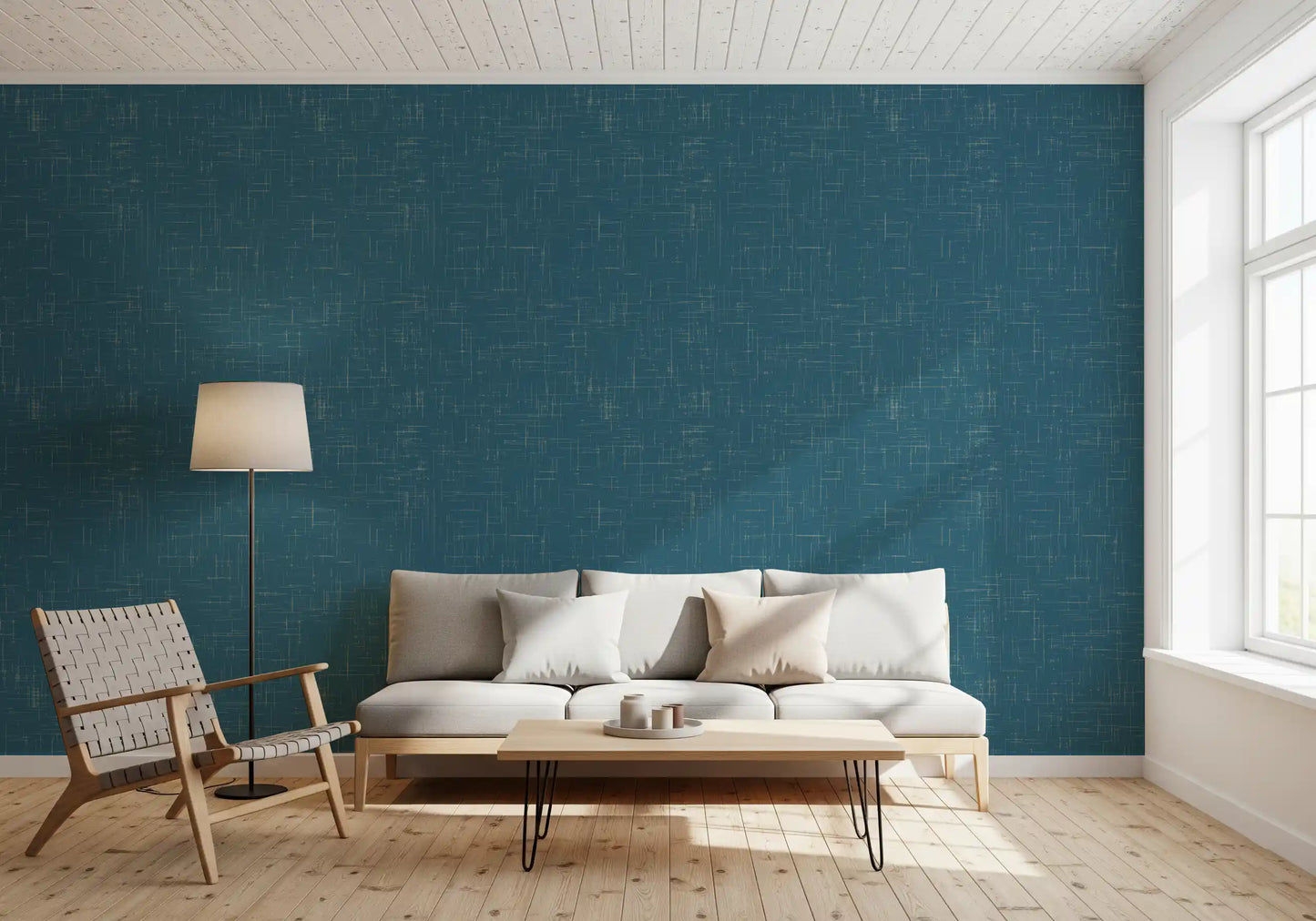 Living room with Mid Century Teal Wallpaper and soft linen texture detail