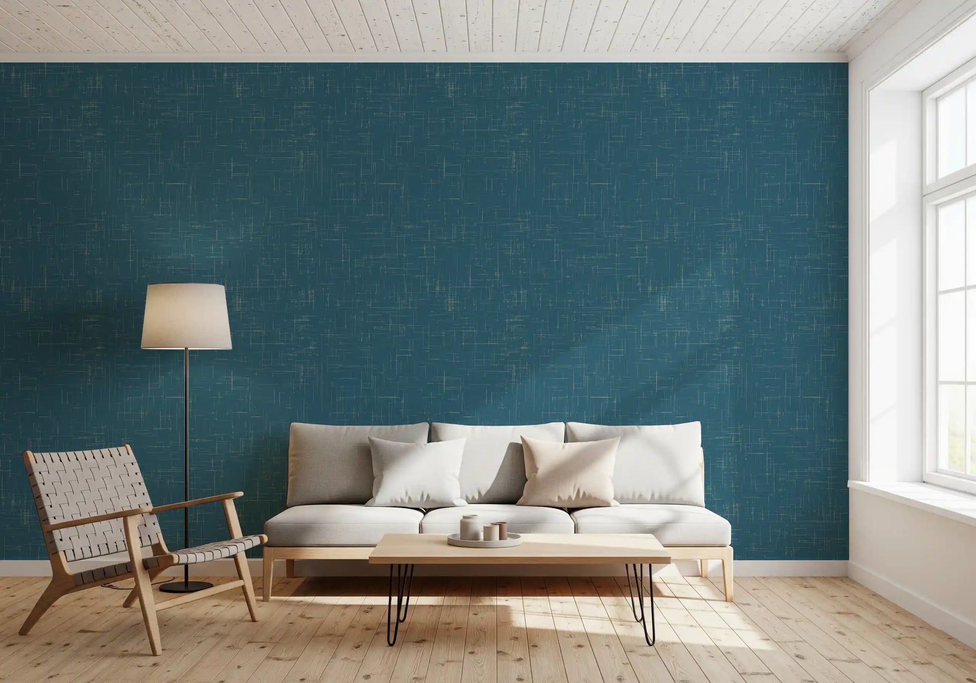 Living room with Mid Century Teal Wallpaper and soft linen texture detail
