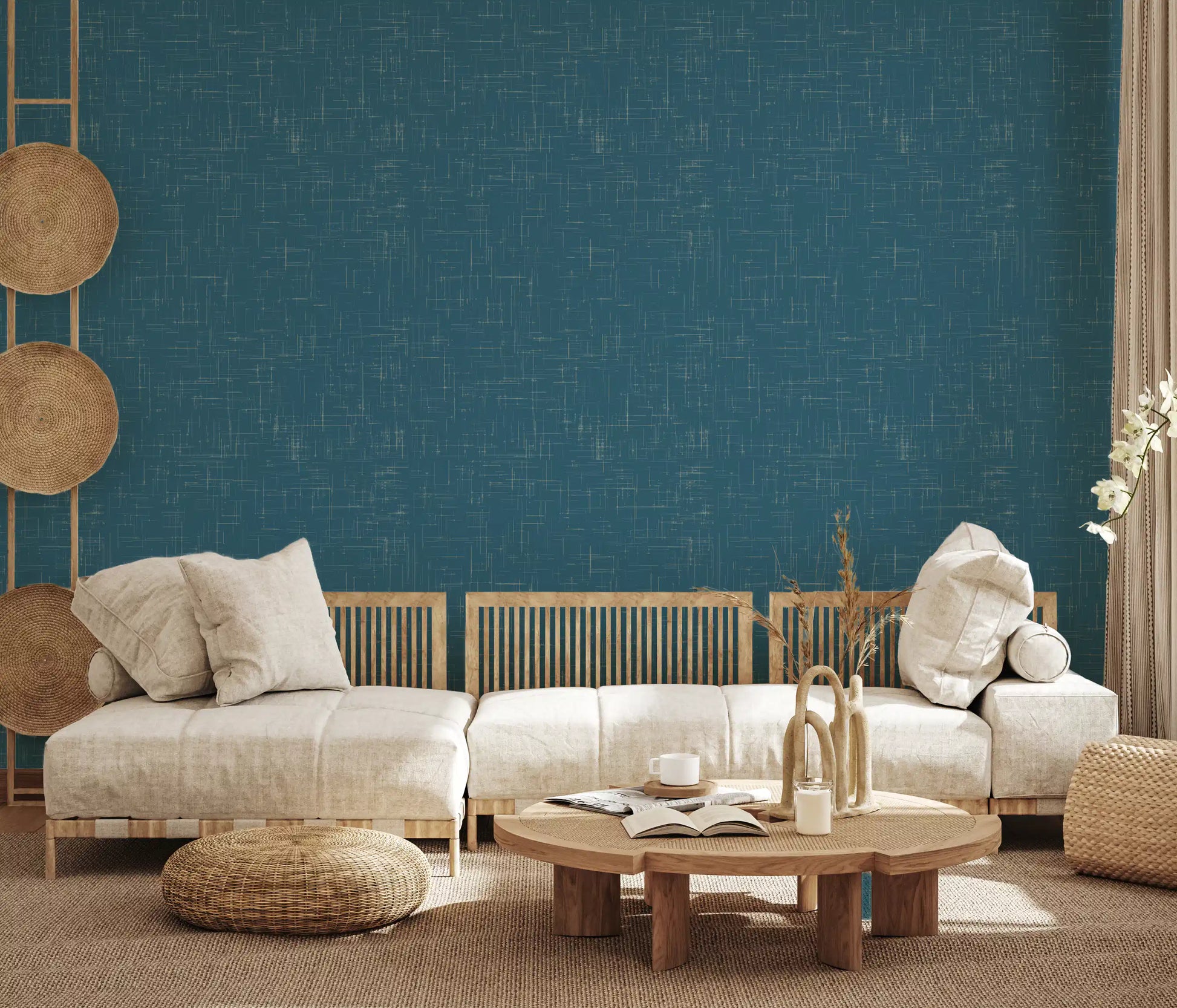 Hallway styled in Teal Texture Wallpaper with fine layered linework